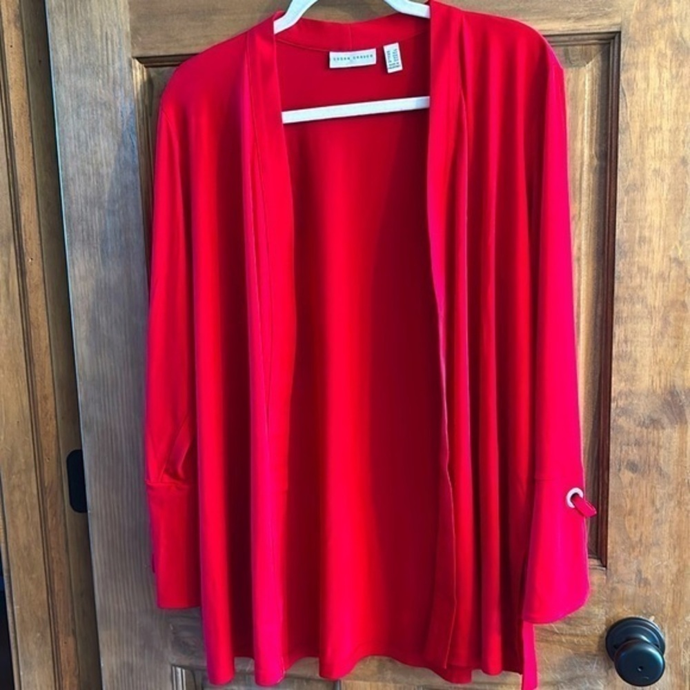 NWOT Susan Graver Liquid Knit Jacket Open Front w Grommet Sleeve detail LP